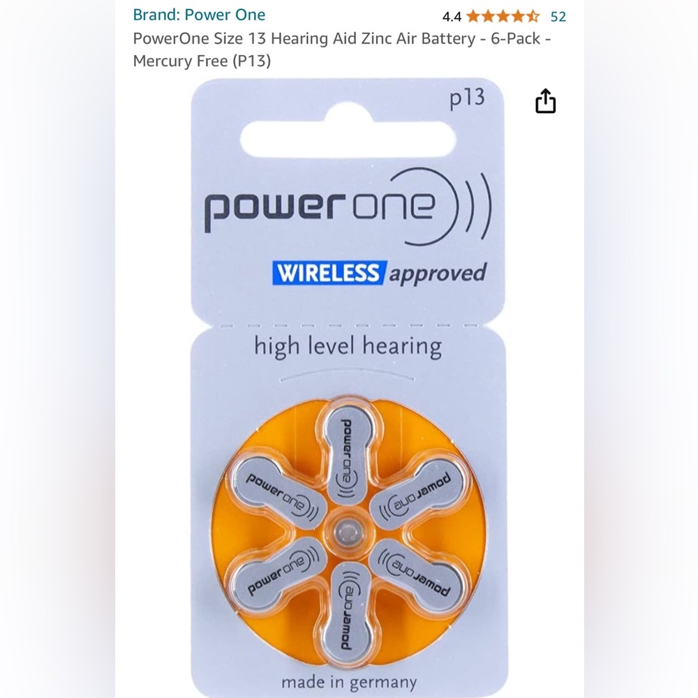 PowerOne Size 13 Hearing Aid Zinc Air Battery - 2 packs of 6- Mercury Free (P13)